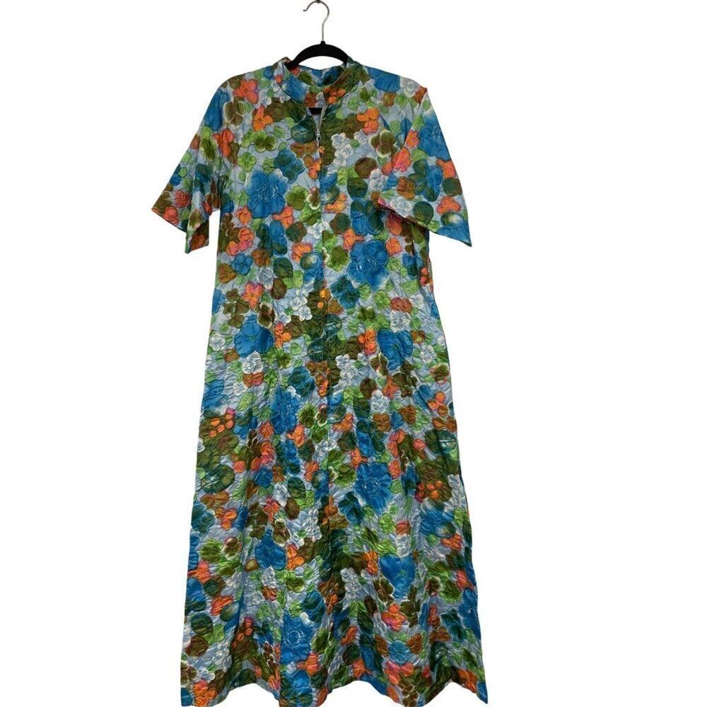 Vintage Janet Lynn FeatherliteâWomens Robe Housedress Small Blue Floral Quilted